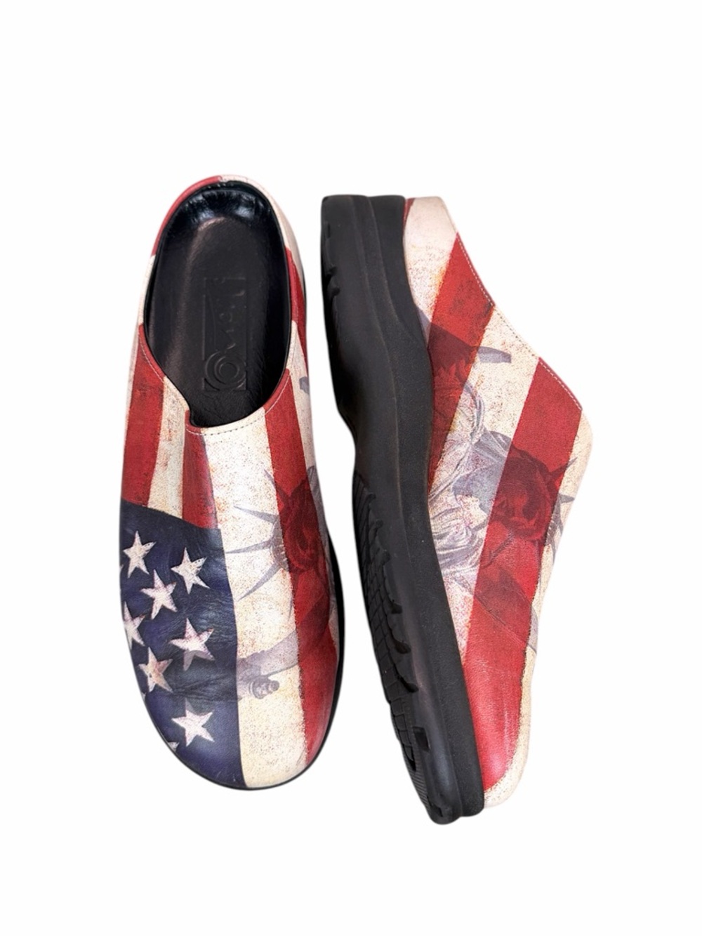 Icon USA Flag Leather Mules Clogs Patriotic Statue Liberty Slip On 6.5 Artsy